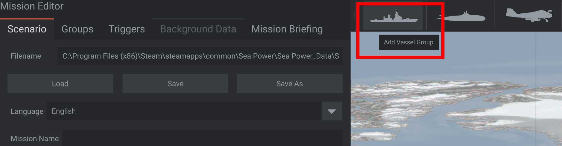 Sea Power Mission Editor Add Vessel Group Button