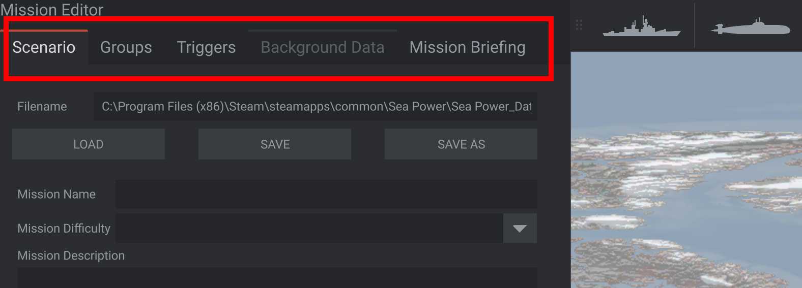 Sea Power Mission Editor Highlighted Tabs